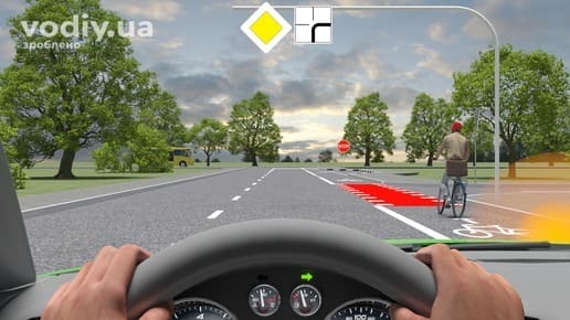 Дорожні знаки 2.3 «Головна дорога», 7.8 «Напрямок головної дороги». Поворот автомобіля праворуч, де рухається велосипедист прямо.