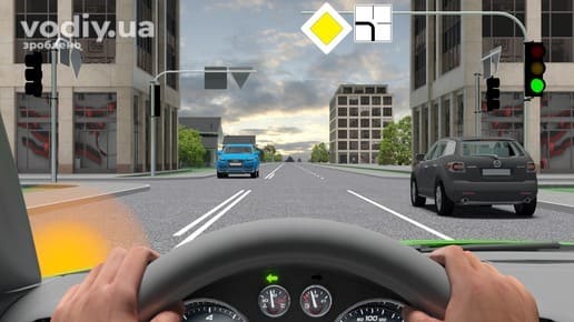 Поворот ліворуч на регульованому перехресті, зелений сигнал світлофора, дорожні знаки: 2.3 «Головна дорога», 7.8 «Напрямок головної дороги».