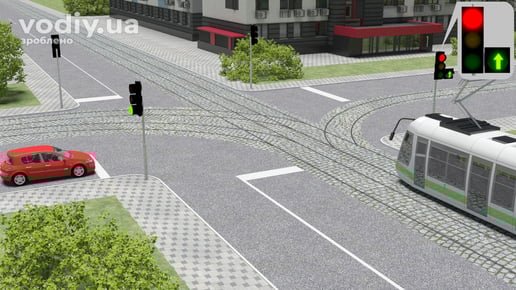 Проїзд регульованого перехрестя, червоний сигнал світлофора з зеленою стрілкою у додатковій секції для трамвая та основний зелений сигнал для автомобіля