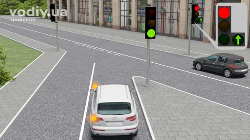 Черговість проїзду регульованого перехрестя, білий автомобіль з увімкненим поворотом та чорний автомобіль, зелений сигнал світлофора.