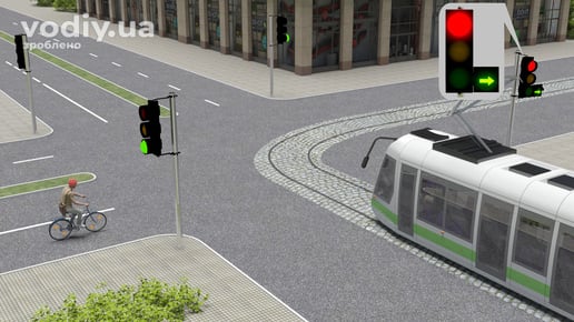 Велосипедист на зелений сигнал світлофора та трамвай перед поворотом, червоний сигнал з увімкненою зеленою стрілкою в додатковій секції.