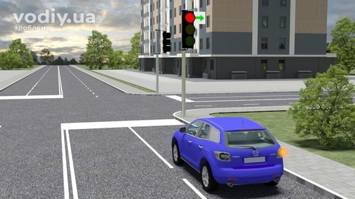 Синій автомобіль перед перехрестям, червоний сигнал світлофора з табличкою із зеленою стрілкою праворуч, увімкнений правий покажчик повороту.
