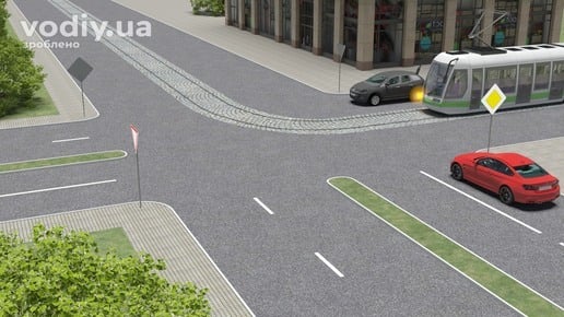 Червоний автомобіль, трамвай та чорне авто на нерегульованому перехресті, дорожні знаки 2.3 «Головна дорога» та 2.1 «Дати дорогу».