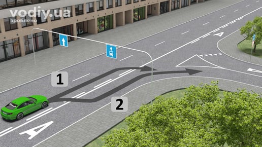 Поворот праворуч на дорогу зі смугою для маршрутних транспортних засобів, дорожні знаки 5.11, 5.18, розмітка 1.2, 1.5, 1.6 та 1.24