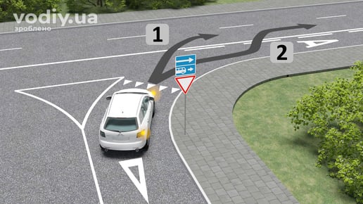 Білий автомобіль перед поворотом праворуч, дорожні знаки 2.1 «Дати дорогу», 5.10.1, розмітка 1.2, траєкторії руху на смугу для маршрутних транспортних засобів.